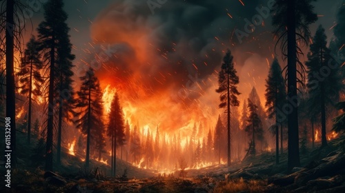 Hot fire burning forest at night, natural disaster. environment concept.Generative AI 