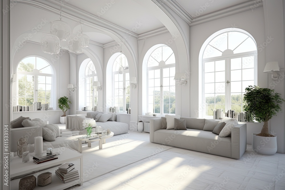 Large windows and a room painted a bright, cheerful white. decorative frames for walls. Generative AI Large windows and a room painted a bright, cheerful white. decorative frames for walls. Generative AI