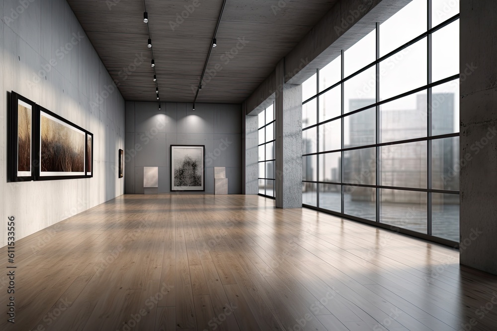 Reflections on the wooden flooring and a contemporary gray gallery space with blank mock-up posters on the wall. Concept of a museum and exhibition with no people. Generative AI