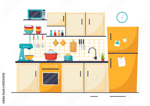Kitchen Architecture Vector Illustration with Furniture and Interior such as Table, Stove and Fridge in Flat Cartoon Hand Drawn Background Templates