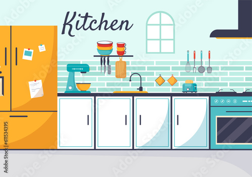 Kitchen Architecture Vector Illustration with Furniture and Interior such as Table, Stove and Fridge in Flat Cartoon Hand Drawn Background Templates