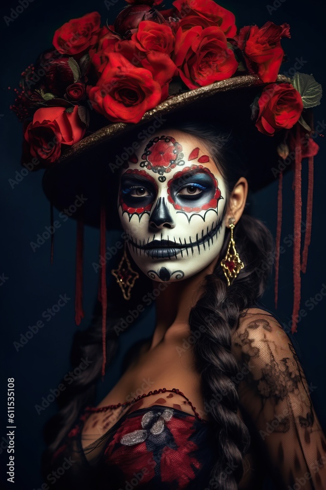 Portrait woman with sugar skull make up made with Generative AI Portrait woman with sugar skull make up made with Generative AI