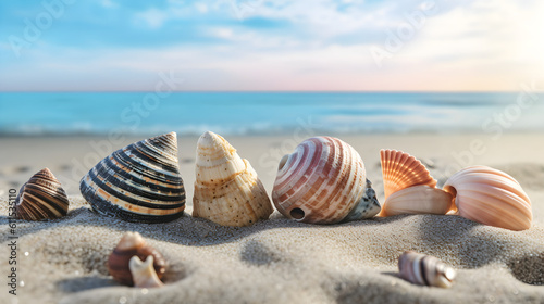 Seashells on the beach. Generative AI.