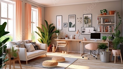 Modern and chic open-plan house decor with a wooden desk  chair  sofa  cube  and lots of plants  as well as mock-up poster frames and attractive accessories. Classic and simple interior Generative AI