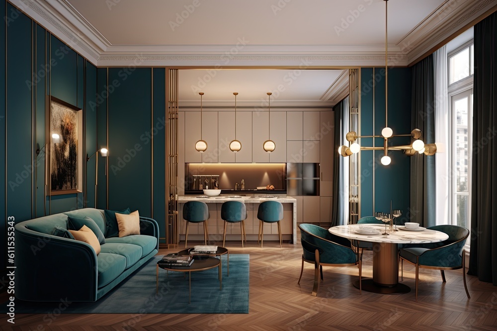 Fototapeta premium Design for a comfortable living space in an apartment with a blue couch and coffee table Generative AI