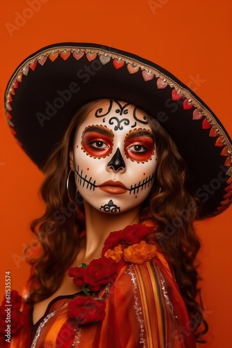 Portrait woman with sugar skull make up made with Generative AI