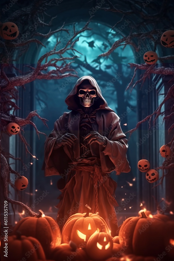 Grim reaper in the dark background made with generative AI Grim reaper in the dark background made with generative AI