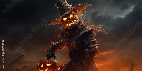 Scarecrow halloween pumpkin the dark background made with Generative AI