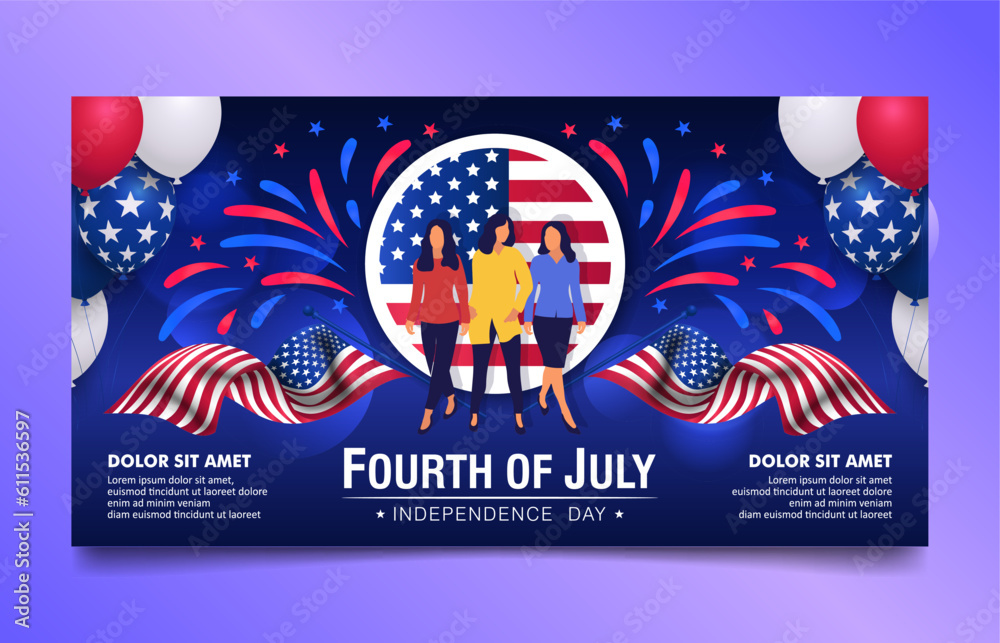 Fourth of July, USA Independence Day banner design with bright vibrant color patriotic elements