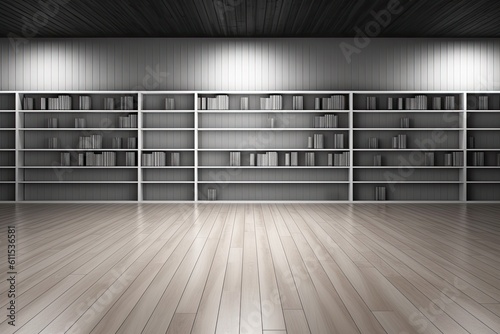Interior of a dark, empty room with a blank white poster, a grey wall, book shelves, and an oak wooden parquet floor. The idea of a large space was designed for original thought. a Generative AI © 2rogan