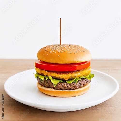 Burger on wooden plate. Generative Ai