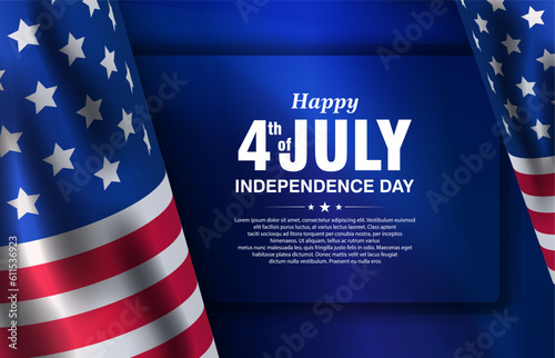 4th of July Banner with waving USA flag on vibrant gradient blue background