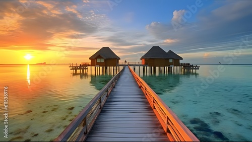 Wonderful sunset time at tropical beach resort in Maldives 