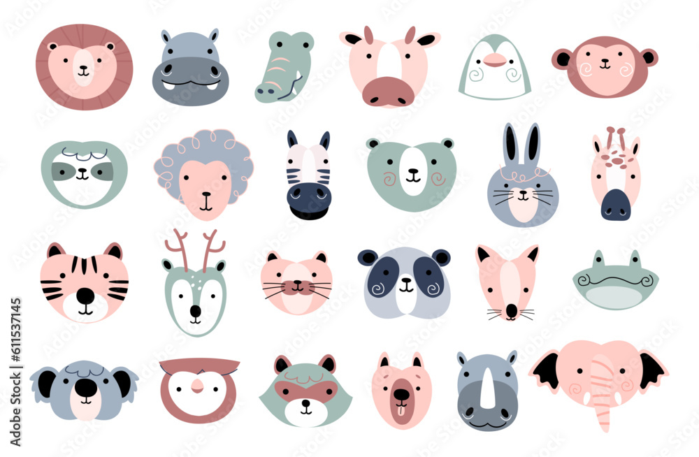 Wildlife animals head . Flat design . Retro style . Vector illustration . Wildlife animals head . Flat design . Retro style . Vector illustration .