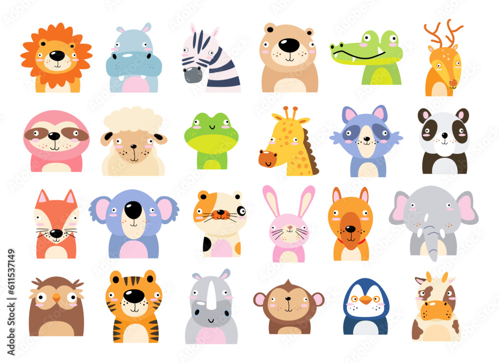 Fototapeta premium Set of wildlife animals . Dumb face . Vector illustration .