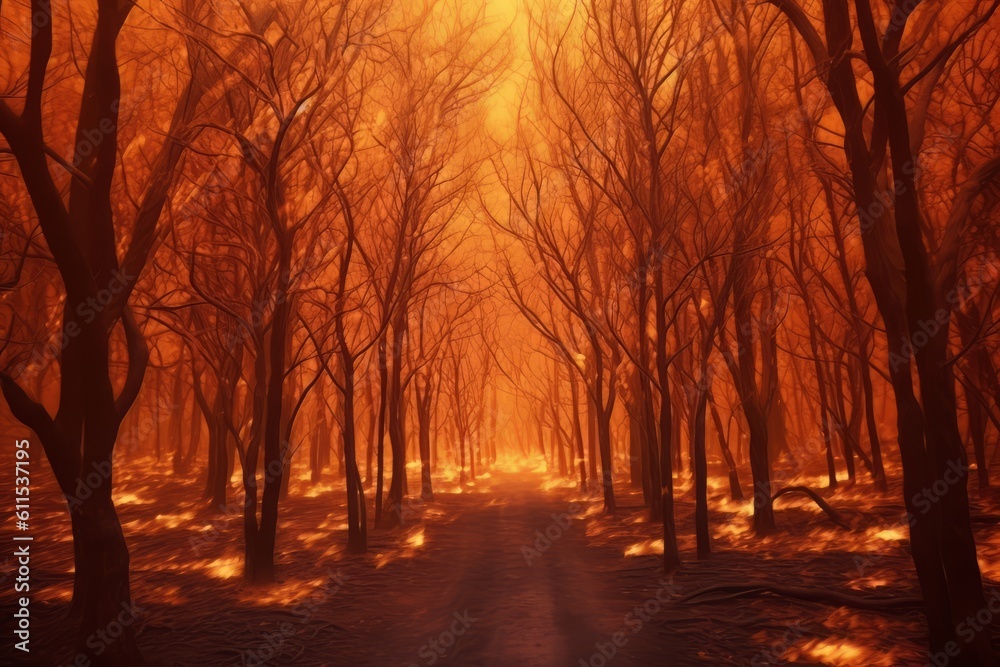 Illustration of a raging forest fire, trees, flames, intense burning red glow, generative ai.
