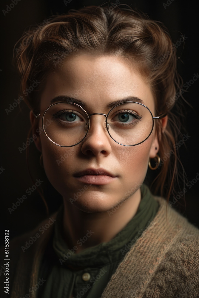 Detailed close-up portrait of a young woman with glasses. Photorealistic illustration generative AI. Detailed close-up portrait of a young woman with glasses. Photorealistic illustration generative AI.