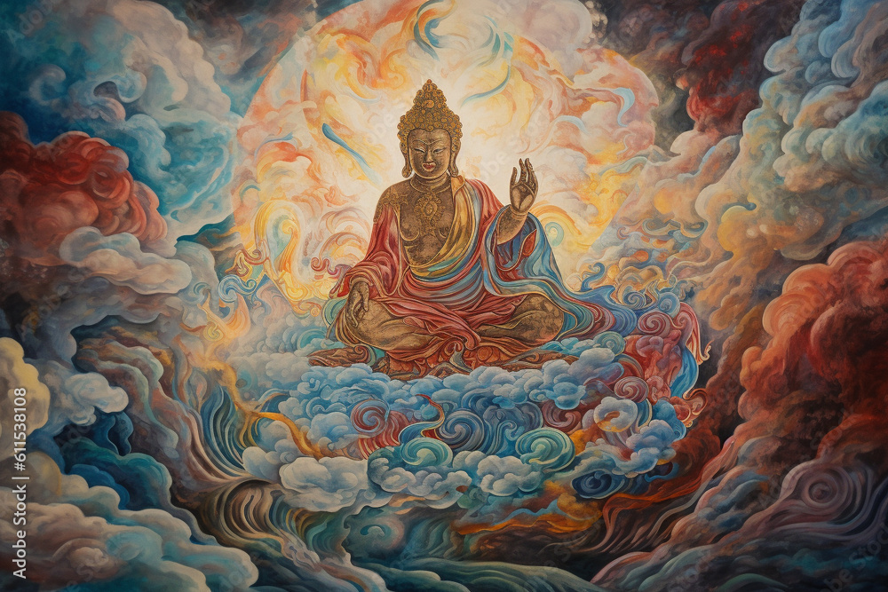 A magnificent Great Buddha depicted in Thangka style, emanating a sense of serenity and enlightenment. Generative AI.