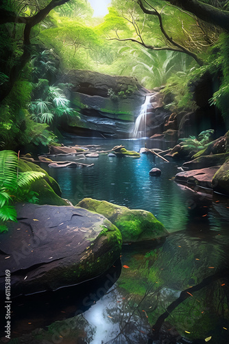 A majestic waterfall cascading down a rocky cliff into a crystal - clear pool  surrounded by lush tropical rainforest. Generative AI.