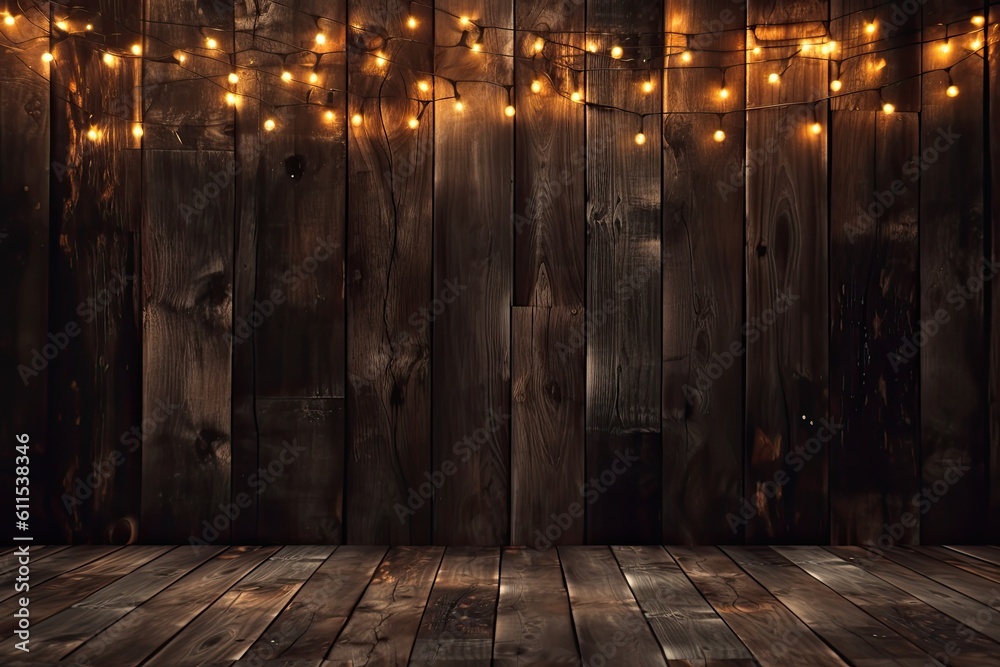 abstract holiday backdrop, dark wood background with lights, and text copy space Generative AI abstract holiday backdrop, dark wood background with lights, and text copy space Generative AI