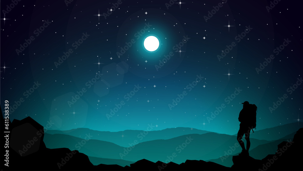 Adventurous man hiker. A Man hiking in the mountains with backpack. Starry night sky. blue night sky HD wallpaper. hiking silhouette vector. 