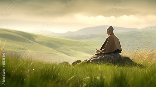 A monk meditates under an open sky, surrounded by a serene grassfield that stretches to the horizon. Generative AI.