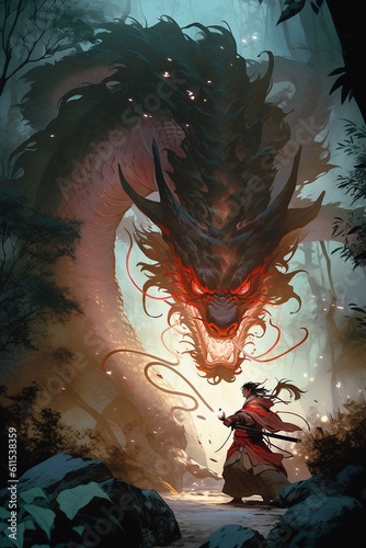 A samurai fighting with a dragon. The samurai, a master of the blade, engages in a fierce duel with the mythical creature. Generative AI. © Digital AI Vault