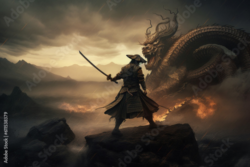 A samurai fighting with a dragon. The samurai, a master of the blade, engages in a fierce duel with the mythical creature. Generative AI.