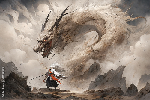A samurai fighting with a dragon. The samurai, a master of the blade, engages in a fierce duel with the mythical creature. Generative AI.