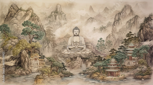 A magnificent Great Buddha depicted in Thangka style, emanating a sense of serenity and enlightenment, with intricate details on the facial features .Generative AI.