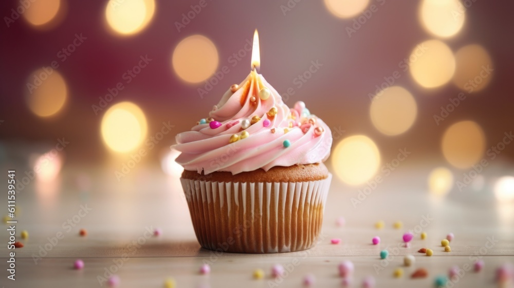Delicious birthday cupcake on table on light background.Generated with AI