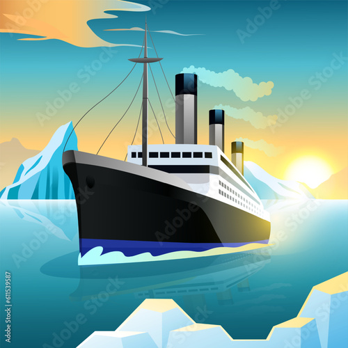 Majestic Cruise Ship Sailing on the Ocean between Icebergs Realistic Illustration