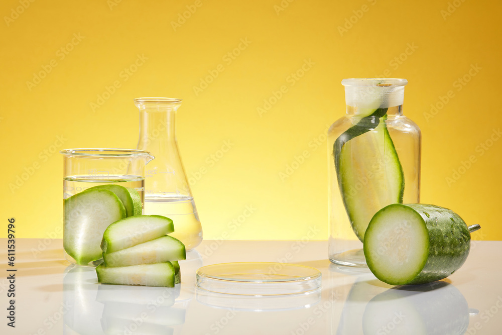 Lab theme with fresh fruit concept - some lab glassware with winter melon slices decorated on yellow background. Blank space on petri dish upside down for display cosmetic product Lab theme with fresh fruit concept - some lab glassware with winter melon slices decorated on yellow background. Blank space on petri dish upside down for display cosmetic product