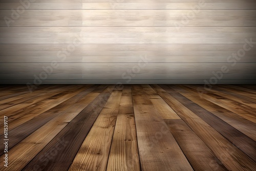 White background, wood floor, and white wall surround a wooden table. Generative AI © 2rogan