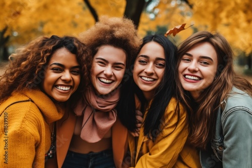 A group of diverse students, surrounded by vibrant autumn leaves, joyfully embracing each other and laughing. Generative AI