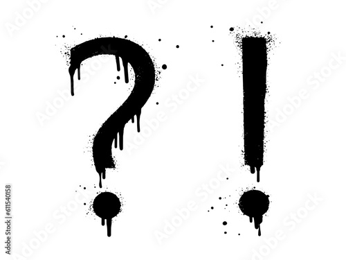 Set of Spray painted graffiti question marks and exclamation mark in black over white. isolated on white background. vector illustration