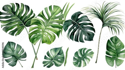 Exotic plant  palm leaf  monstera on isolated white background  watercolor illustration.Generated with AI