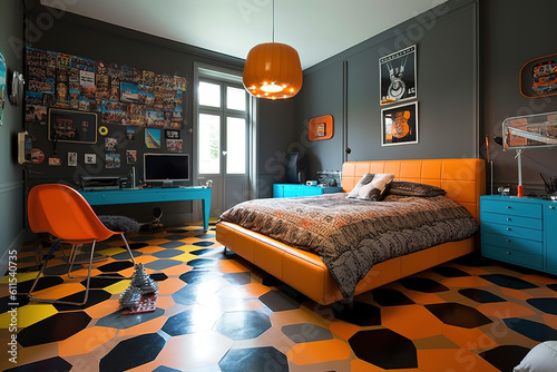A cool pop art style bedroom with bright flashy appliances and retro furniture. Generative AI