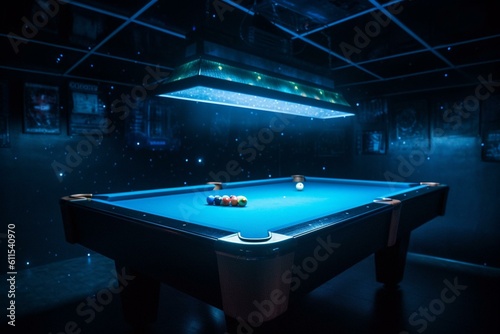 Blue lit billiards table with an electronic sports TV screen and starry background. Generative AI