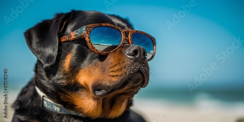 Dog at the beach wearing sunglasses, relax and vacation concept, style and fashion on the beach, funny pet sunbathing, playing and having family fun at sea, generative AI