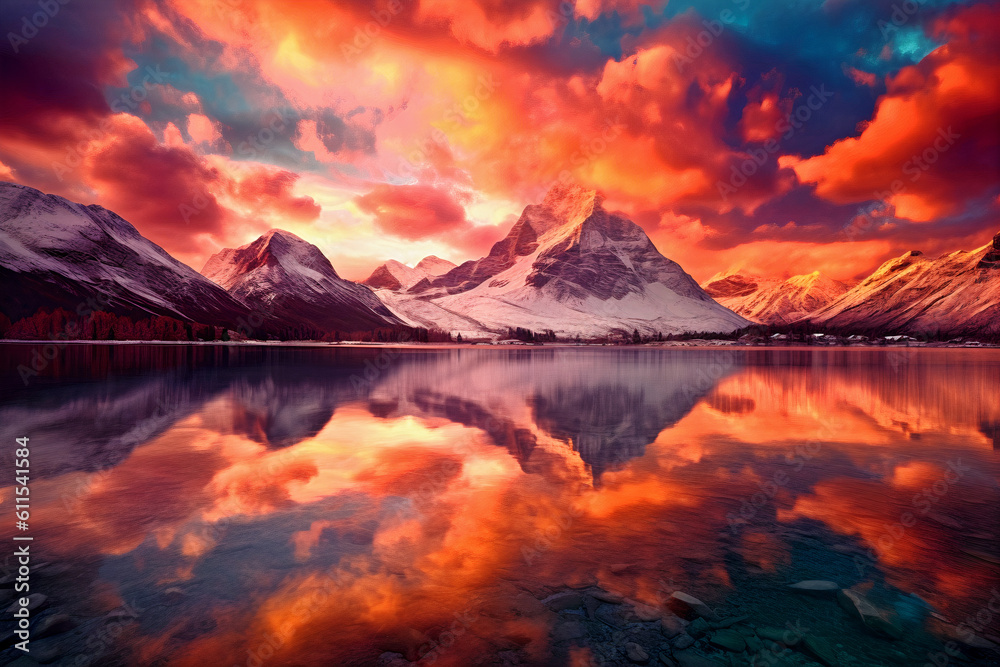 Amazing sunsets and mountains with beautiful lakes.
