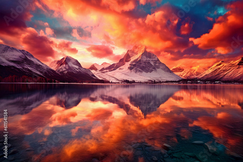 Amazing sunsets and mountains with beautiful lakes.