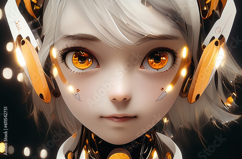 Close-up portrait of cute cyborg girl, robotic face. Futuristic android child. Anime style female robot with headphones. AI tech concept. 3d render sci-fi character, looking with big bionic manga eyes photo