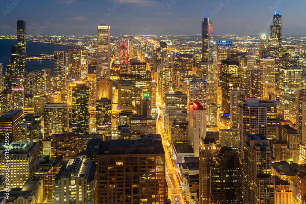 Obraz premium Chicago building city view from observation deck high level with sunset sky, cityscape of Michihan, USA, United states of America
