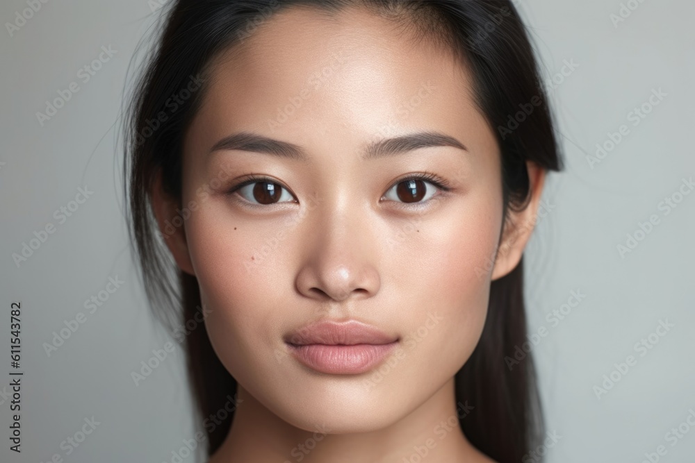 Beautiful Asian woman open face with smooth skin looking at camera on white background in studio light;Generated with AI Beautiful Asian woman open face with smooth skin looking at camera on white background in studio light;Generated with AI
