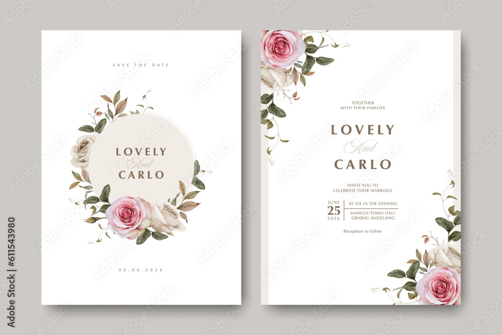 wedding invitation card template with roses flowers