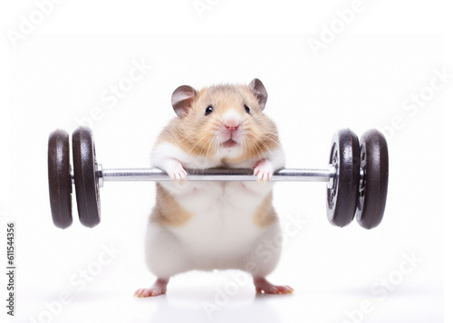 Anthropomorphic illustration of a cute hamster lifting weights, isolated on white. Developed with generative ai
