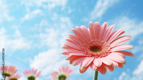Closeup of one pink blooming Gerbera flower with blue sky as background. Generative AI.