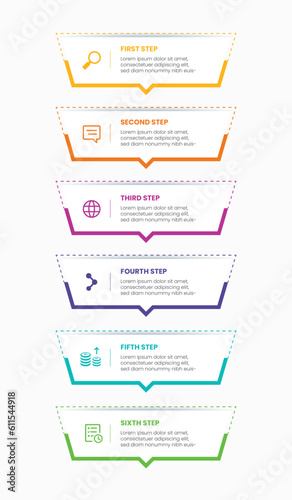 6 step infographic template design. vertical step by step business. colorful elements design.
