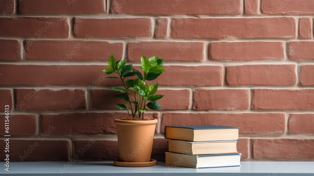 Small office with books, a pencil holder, and a potted plant against a brick wall. For your text, use copy space. Generative AI Small office with books, a pencil holder, and a potted plant against a brick wall. For your text, use copy space. Generative AI